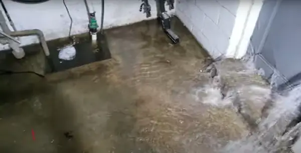 Water rushing through basement door faster than the sump pump can pump the water out. This is just one reason why the sump pump alarm is going off.
