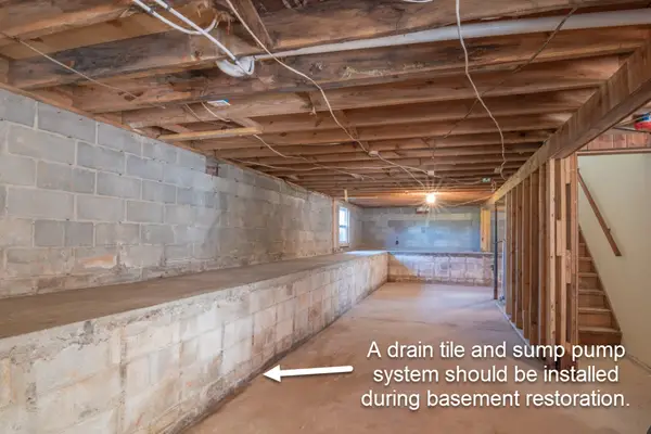 Basement with a lowered foundation wall.